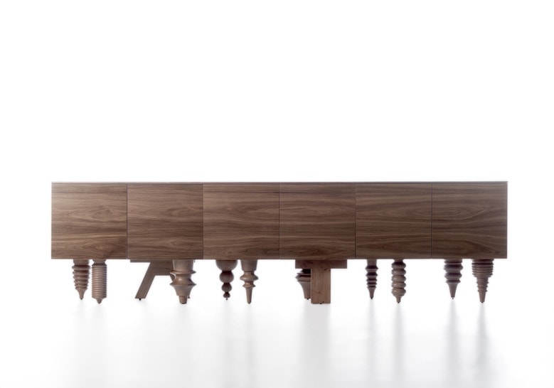 shelf made of a wooden base in a brown tone with flambéed legs in a particular design