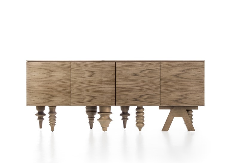 shelf made of a wooden base in a brown tone with flambéed legs in a particular design