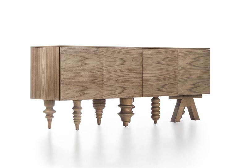 shelf made of a wooden base in a brown tone with flambéed legs in a particular design