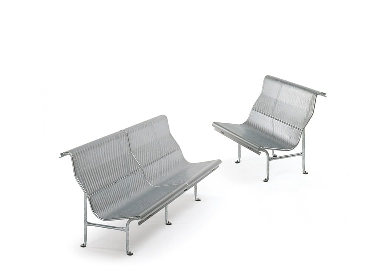 two benches made of steel base and foldable steel seat in a gray tone on a white background