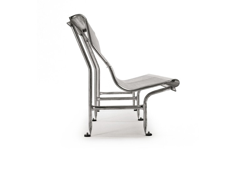 side bench made of folding steel in a silver color tone on a white background