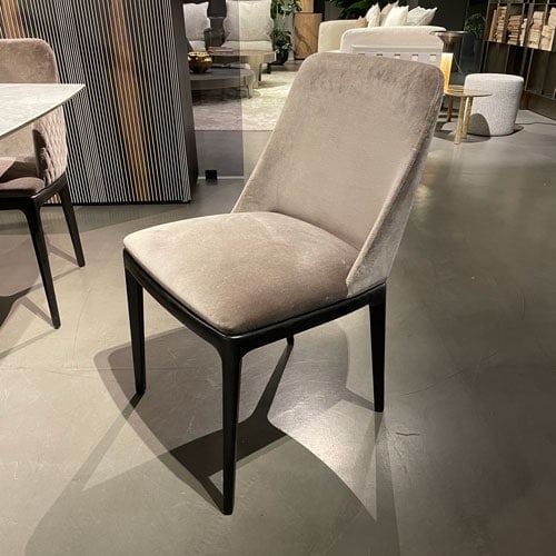 dining room chairs made of velvet in a gray tone and black wooden legs