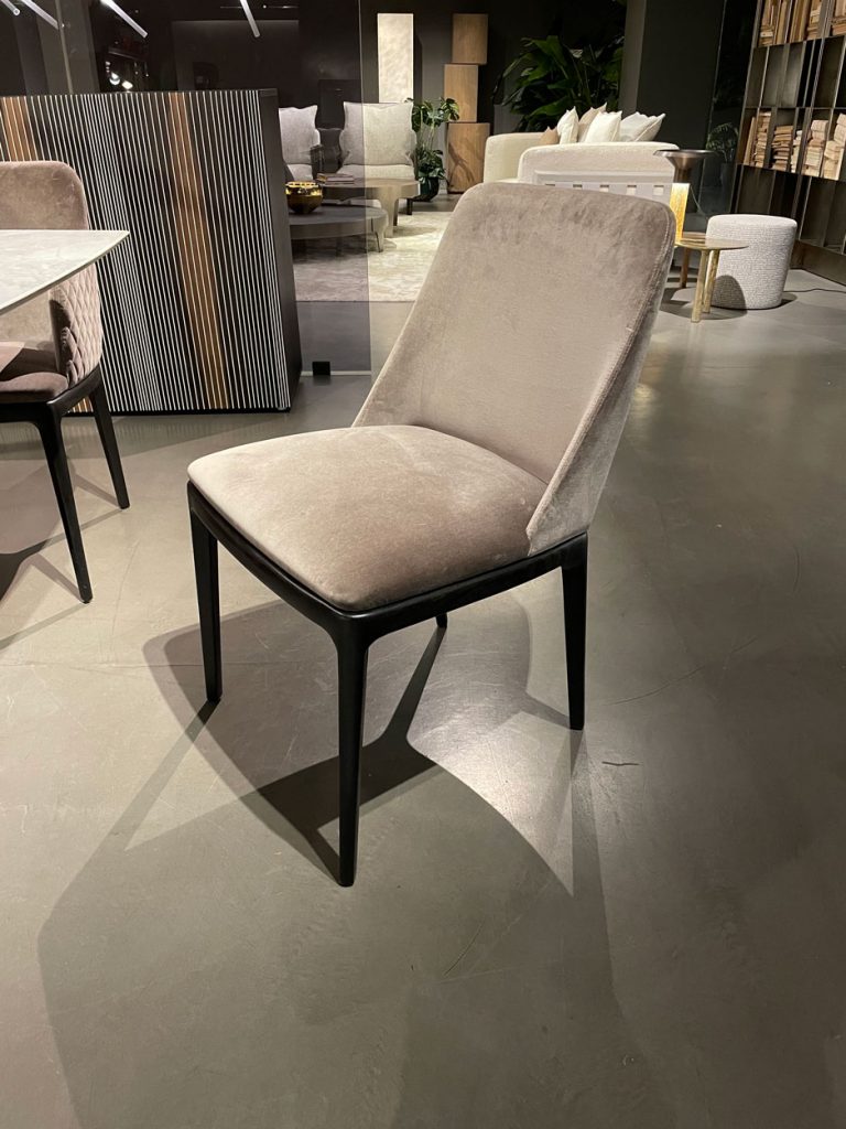 dining room chairs made of velvet in a gray tone and black wooden legs