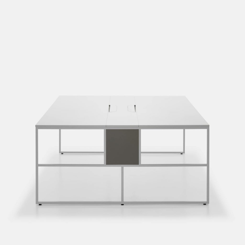 workstation made of white and gray aluminum with large wooden top on a white background