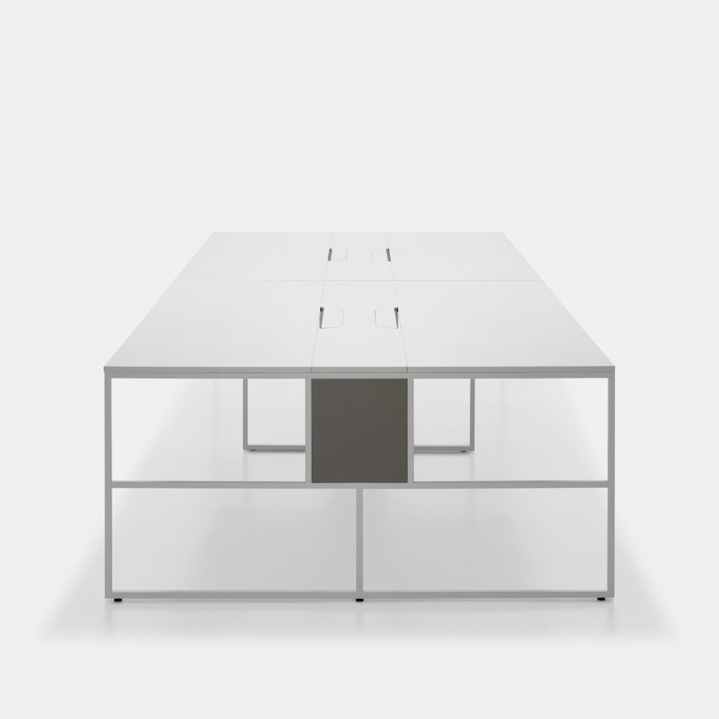workstation made of white and gray aluminum with large wooden top on a white background