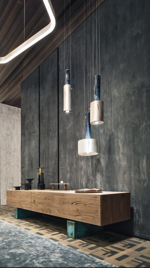 Three pendant Ghost Lights. Central element in blue and white light diffuser in a living room.