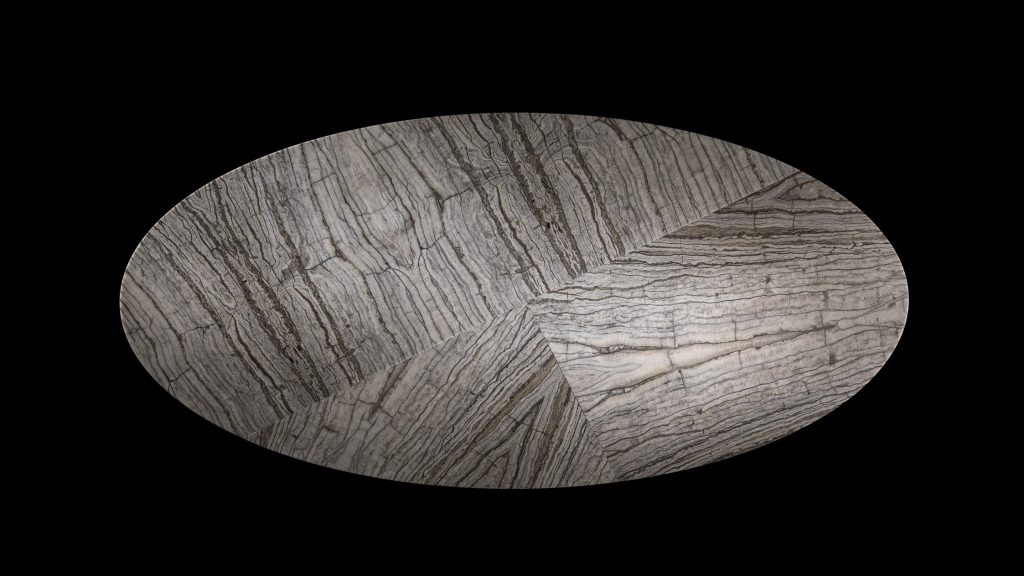 Round Synapses Table, white and black marble lines on a black background.