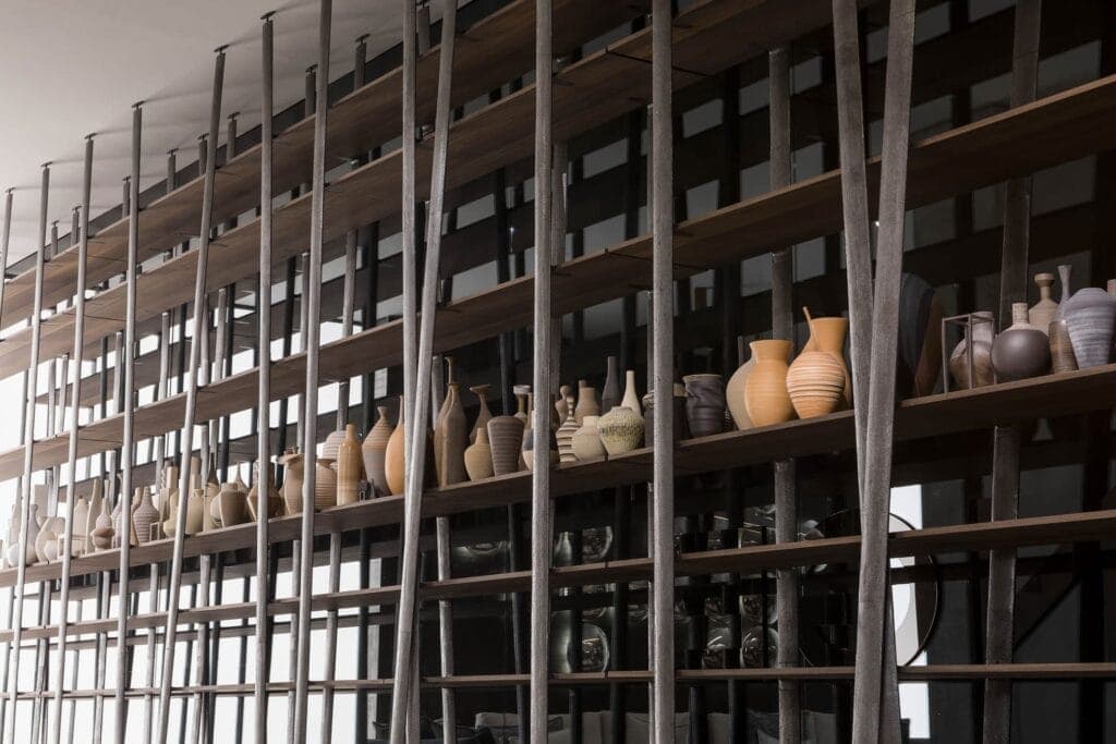several shelves made of oak thermowood, eucalyptus thermowood, black eucalyptus