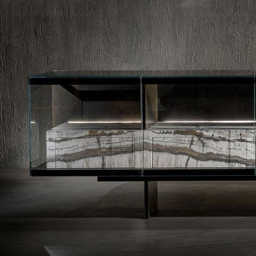 furniture made of brass, stone, glass and metal in a tone of white with beige and black