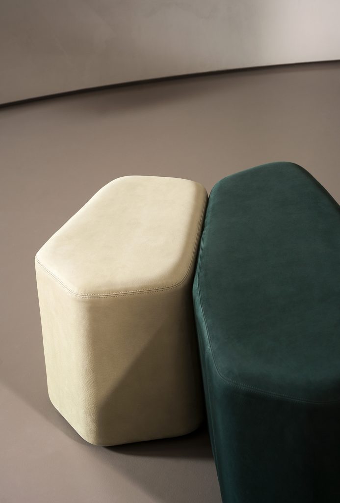 pair of stools made of ash wood base and fabric throughout its structure in a tone of beige and green