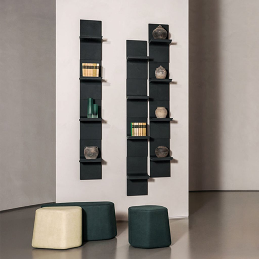 shelf on the wall with several matte black shelves.