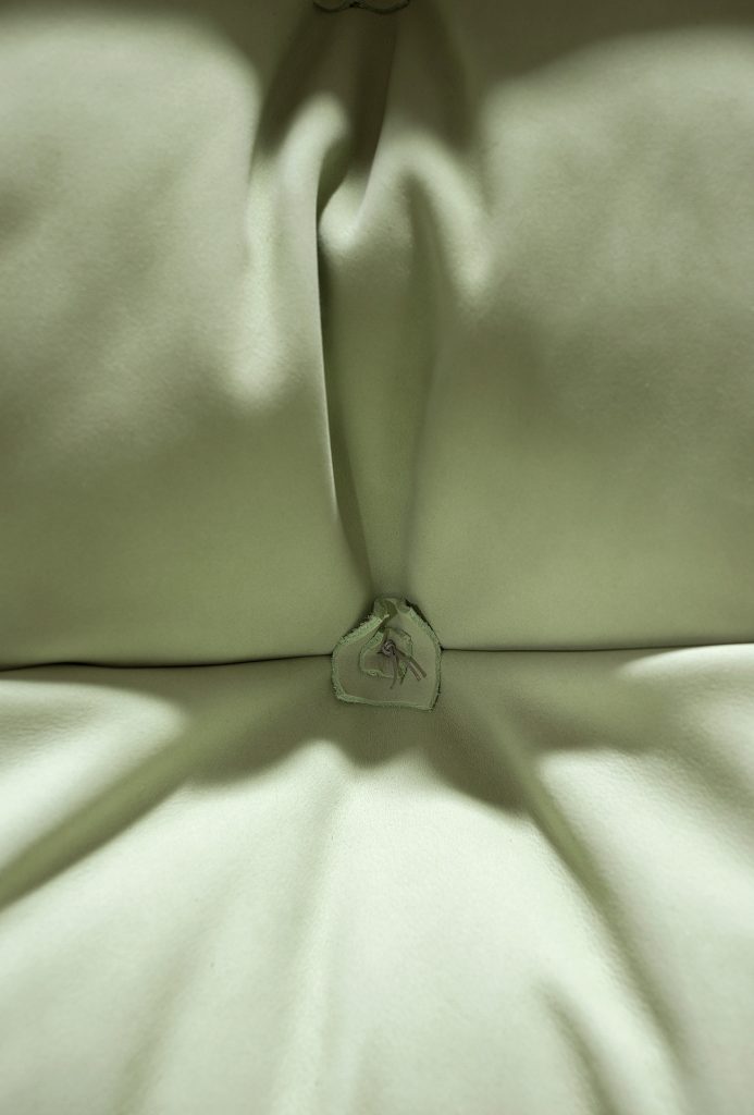 armchair made of leather in a light green tone with button design in a living room