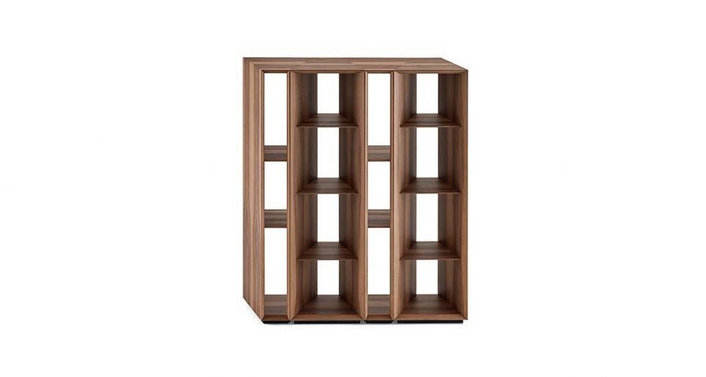 satin brass colored cabinet with several shelves on a white background