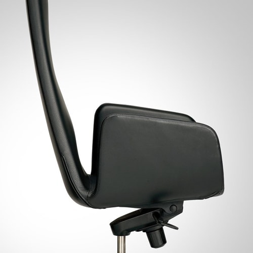 Lord office chair with a luxurious design, featuring a high backrest, and a black upolstery on white background.