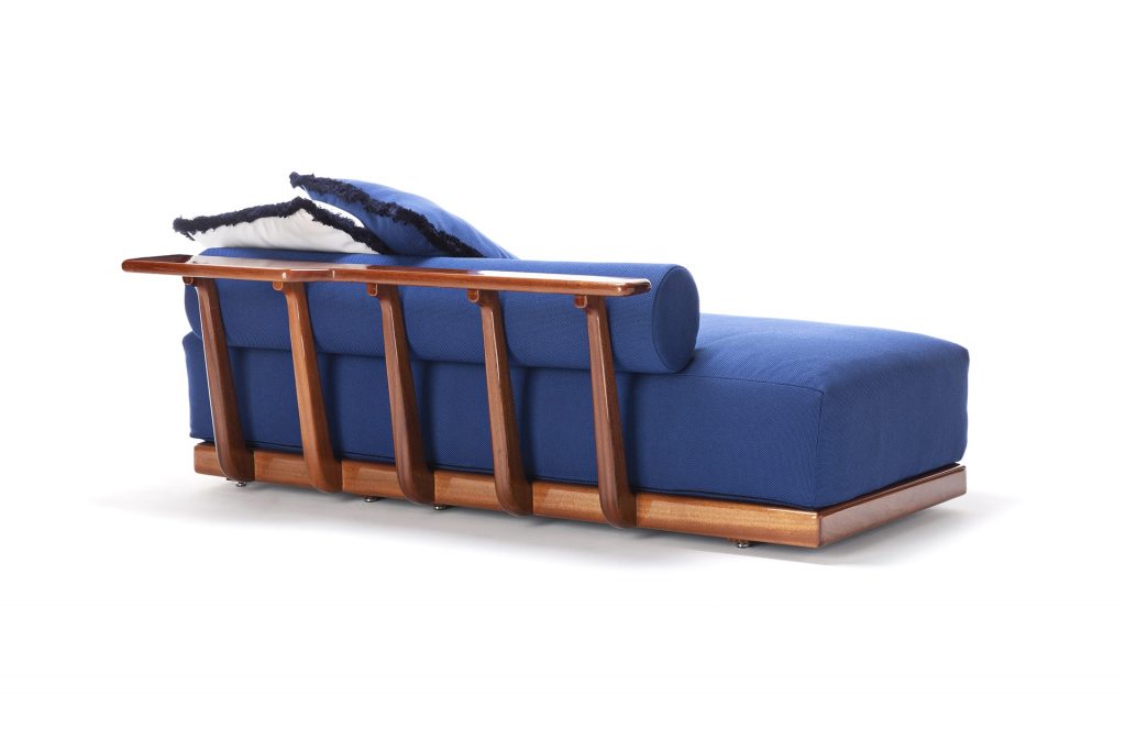 sofa with functional and elegant wood finishes on a white background