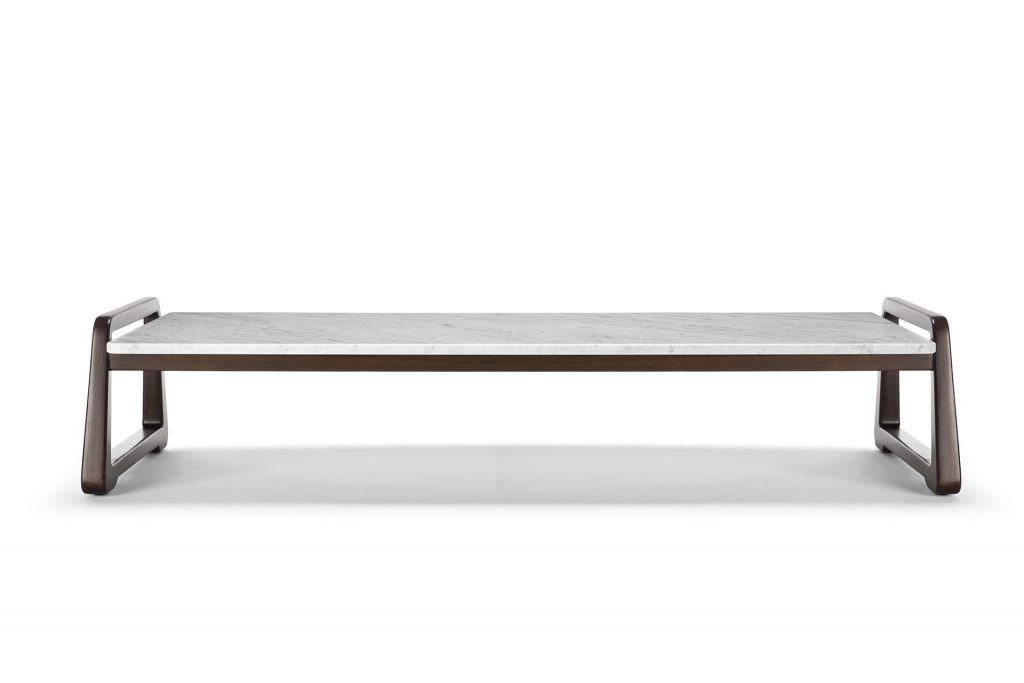 coffee table made of brown wood and white marble on a white background