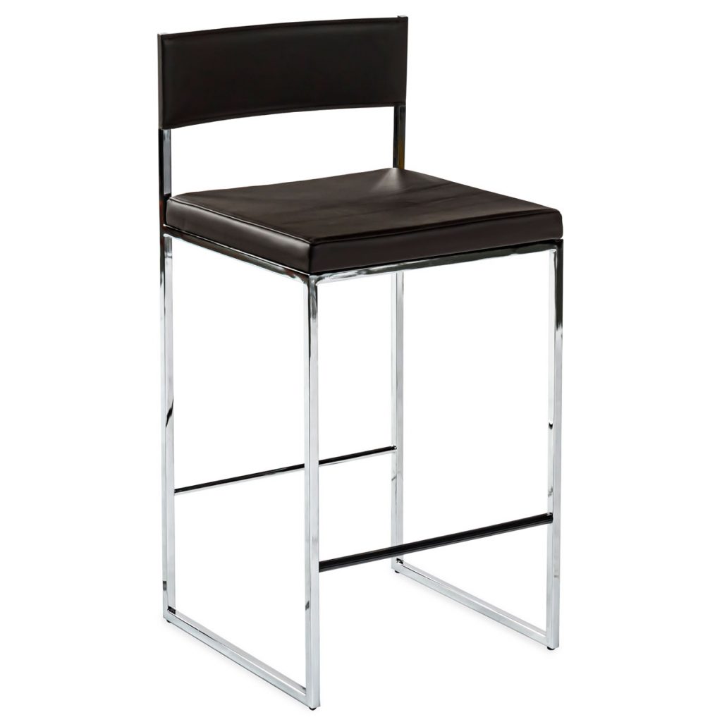 Stool with leather seat and back cushions a white background.
