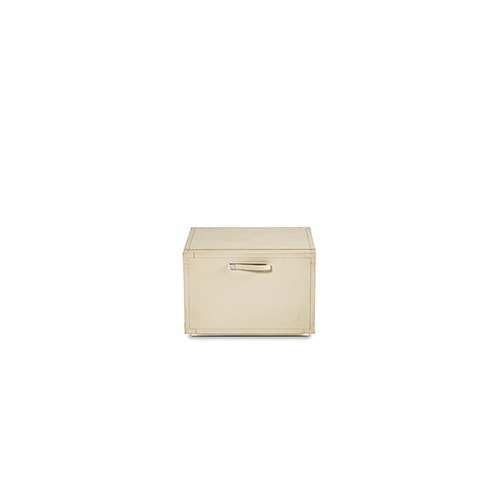One-drawer nightstand upholstered in off-white leather on a white background
