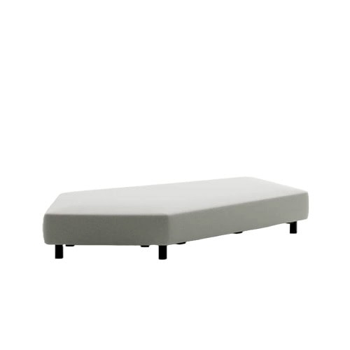 A modern outdoor sofa base in light grey fabric with a low profile, angled silhouette, and discreet black legs.