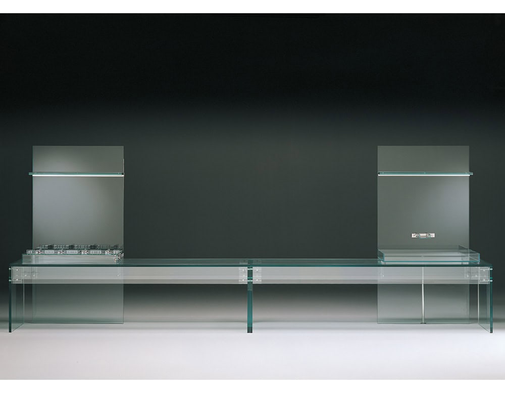 Simplicity Kitchen features a sleek, all-glass design with minimalist storage compartments, offering a modern and refined aesthetic