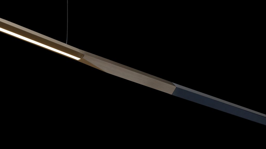 hanging lamp in the shape of a straight line made of aluminum in a gold and black tone on a black background