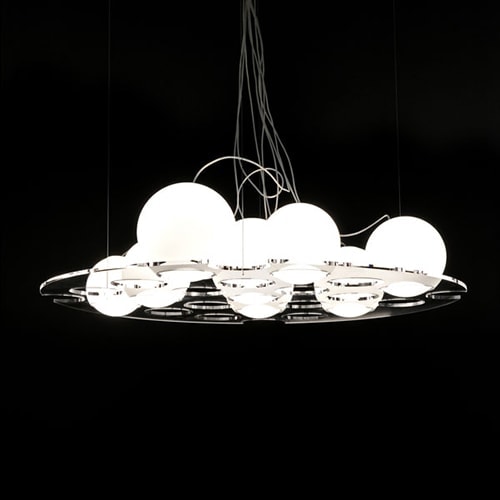 ceiling lamp made of methacrylate base with holes where there are white luminous spheres in a black background