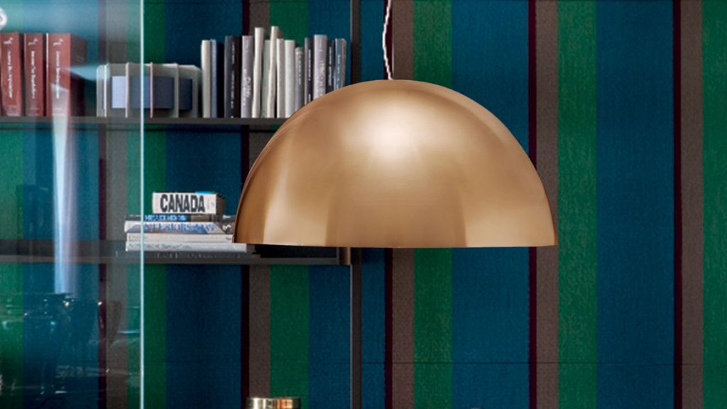 dome-shaped pendant lamp made of aluminum and metal in a golden tone