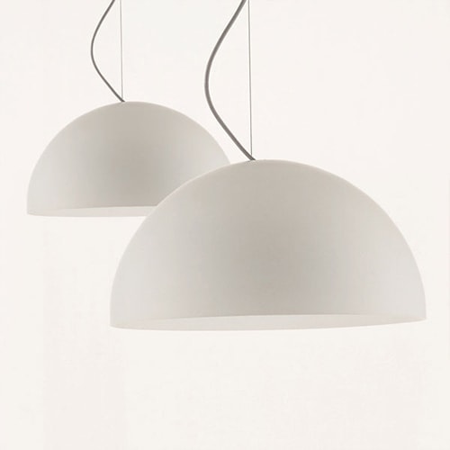 dome-shaped pendant lamp made of glass and metal in a white tone