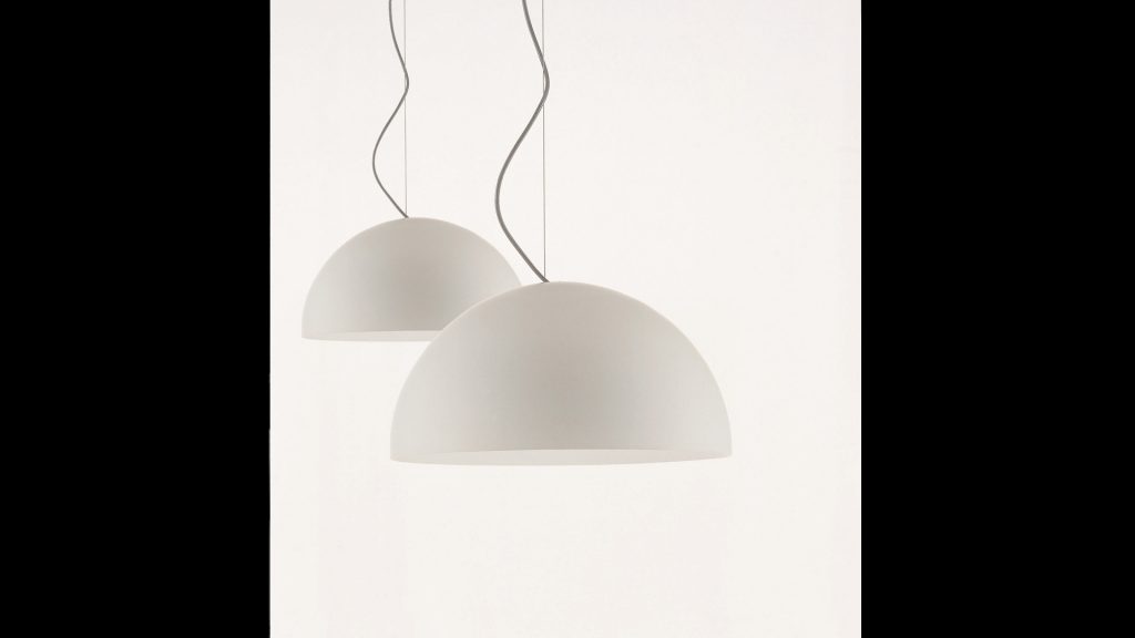 dome-shaped pendant lamp made of glass and metal in a white tone in a white background