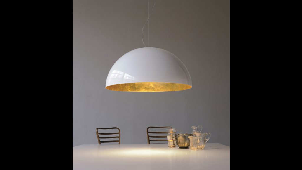 lamp made of white glass and white metal in the shape of a dome or semicircle
