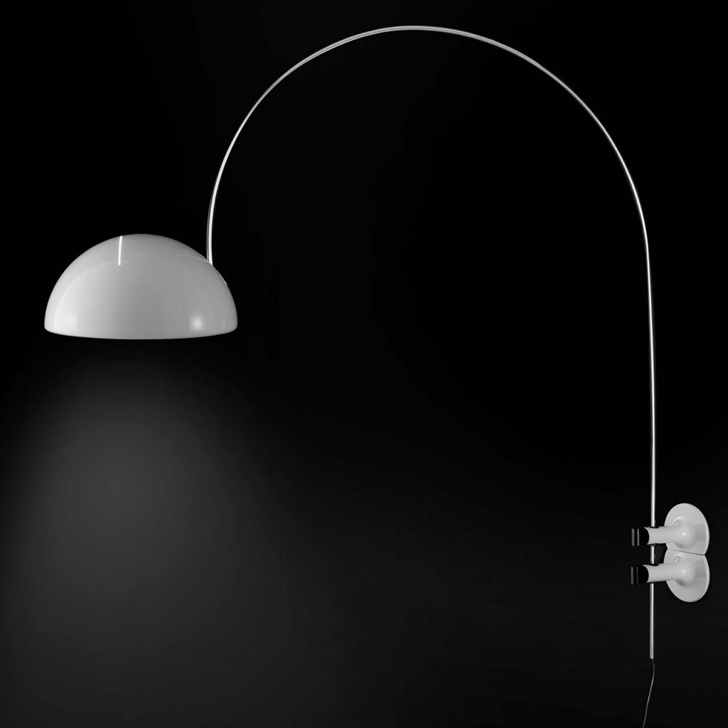 floor lamp made with a curved shape made of aluminum and metal in a white color tone on a black background