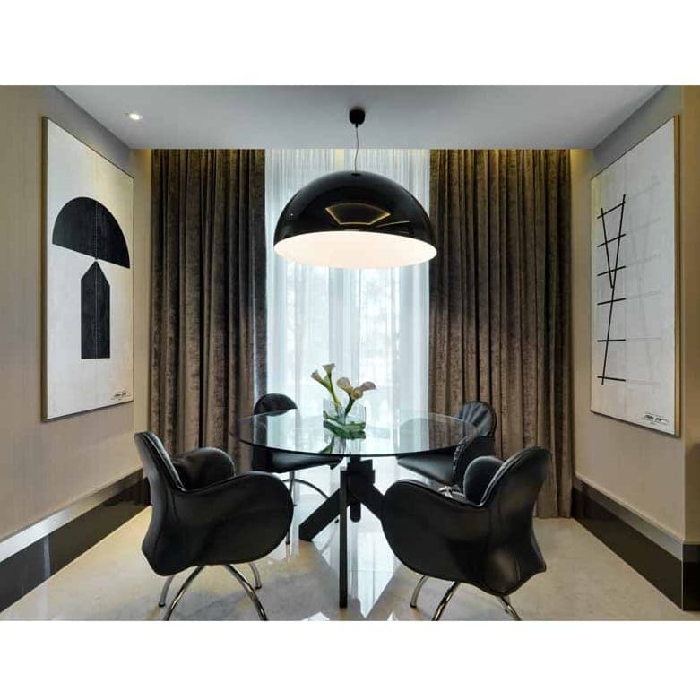 dome-shaped hanging lamp made of glass and metal in a black tone