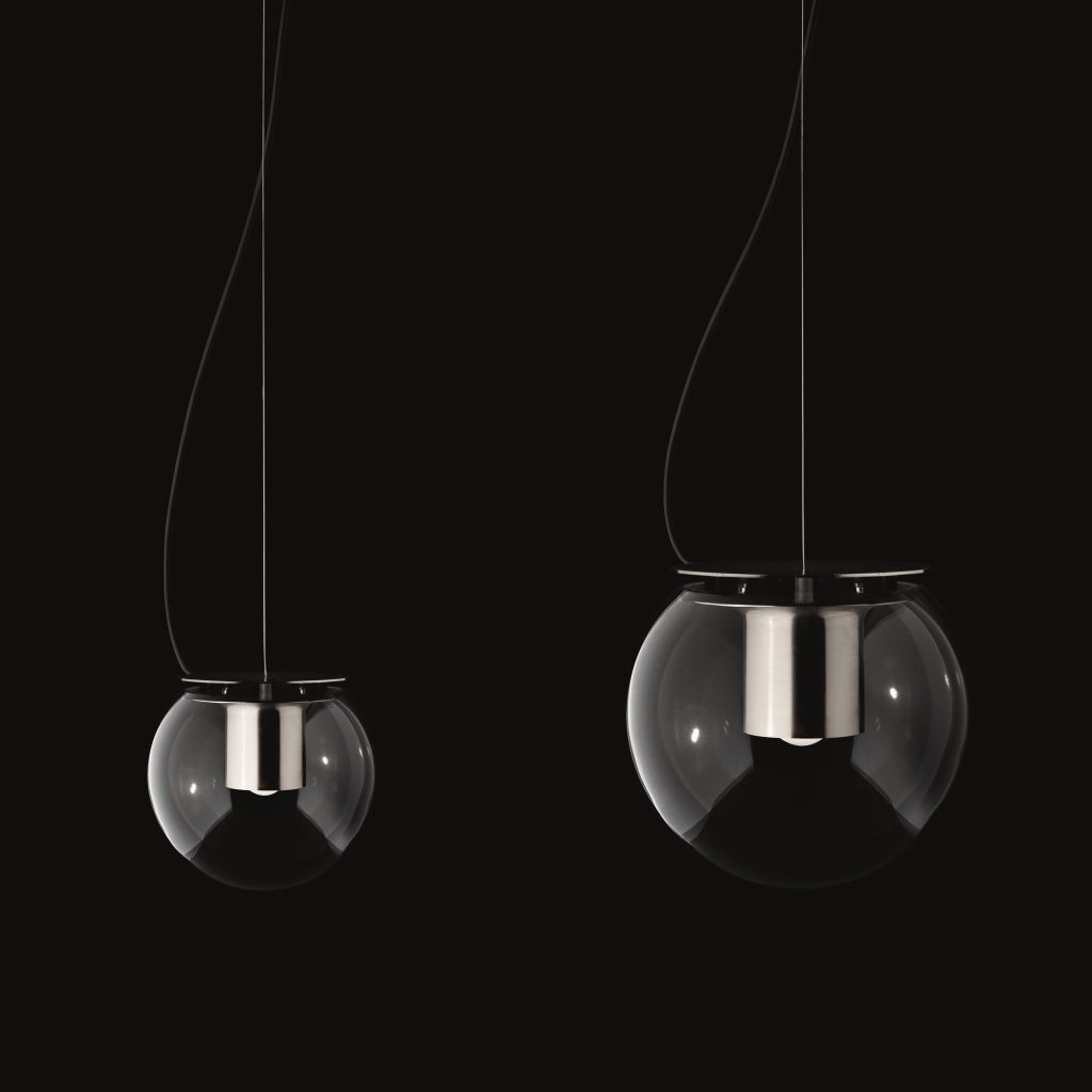 pendant lamps in the shape of a transparent glass sphere and metal base