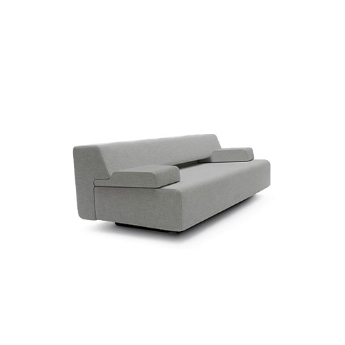 sofa bed made of wool base with teak finishes in a dark gray tone on a white background