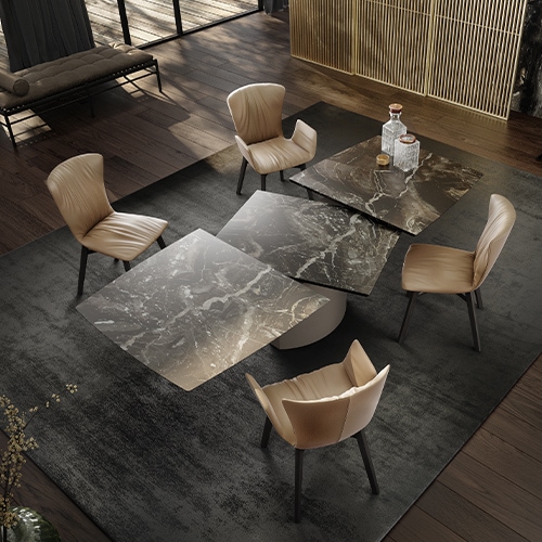 rectangular extendable dining table made of wood and marble base in a tone of black with white