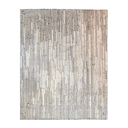 handmade fabric rug with a design in the shape of bamboo sticks in a gray tone