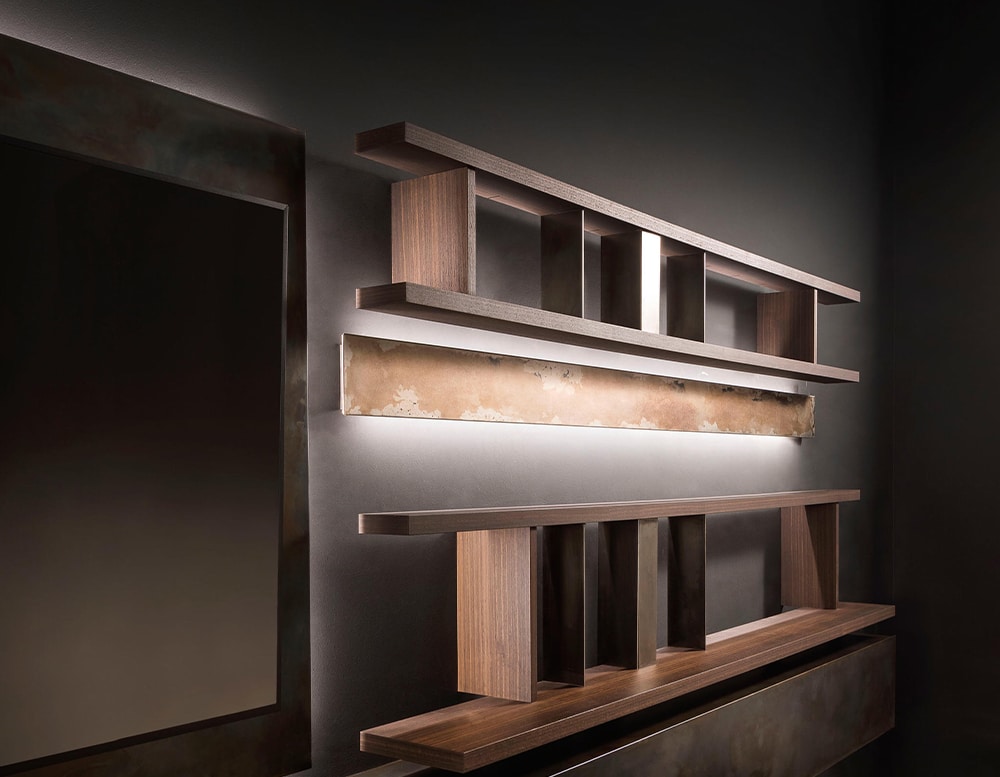 shelves made of different treated woods and different types of metal in a burnished brass color tone