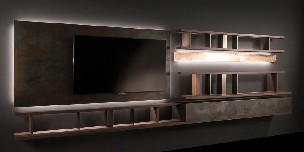 shelves made of different treated woods and different types of metal in a burnished brass color tone.