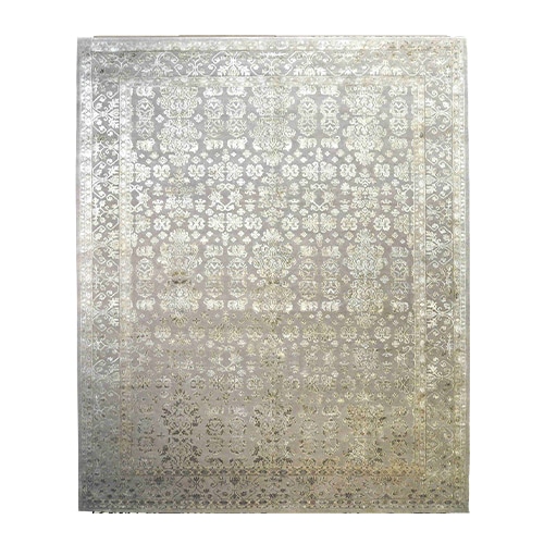 silk and fabric rug in a gray tone with a design in the shape of classic figures