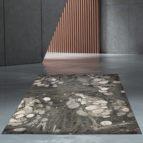 rug with shades of gray and white made with New Zealand Wool and natural silk relief
