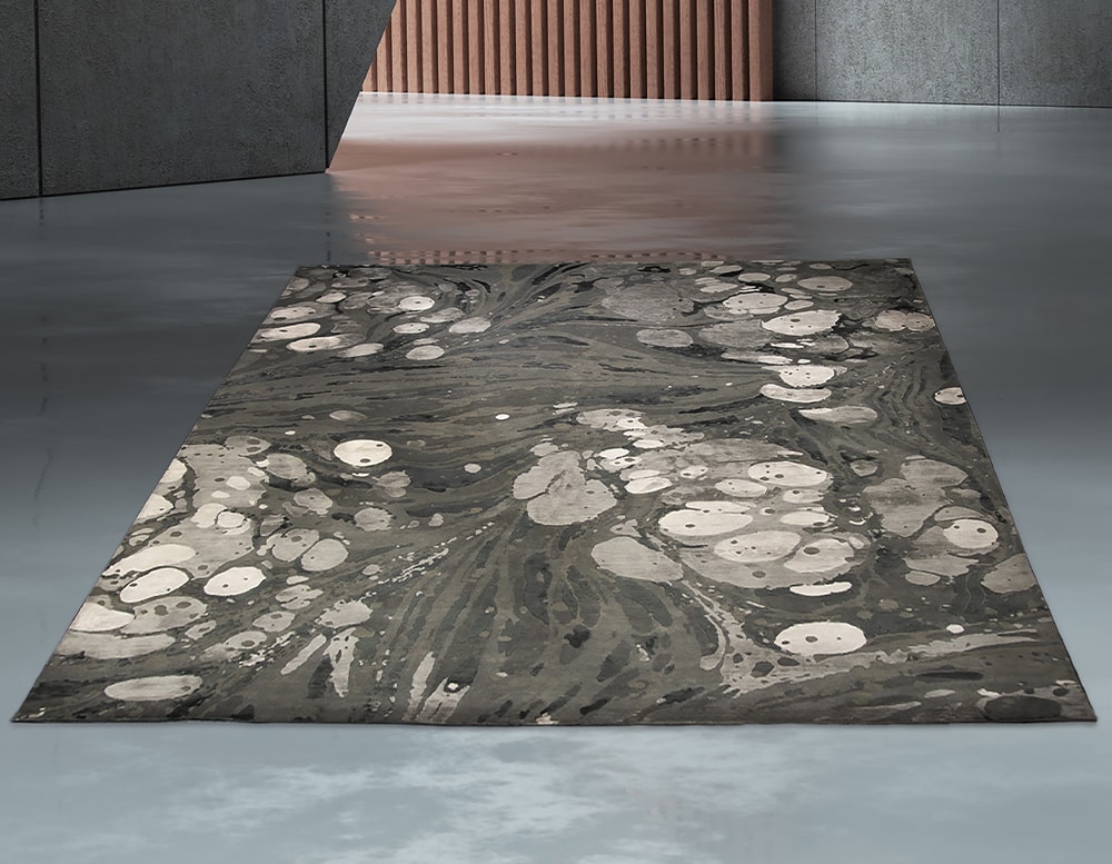 rug with shades of gray and white made with New Zealand Wool and natural silk relief