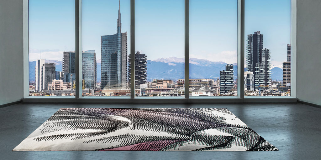 wool and silk patchwork rug with a design simulating realistic clothing for its shadows in a living room