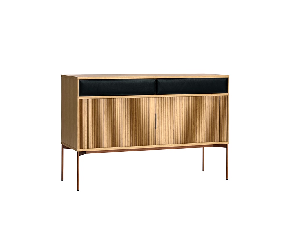 handmade sideboard made of brown cane and brown ash wood on a white background