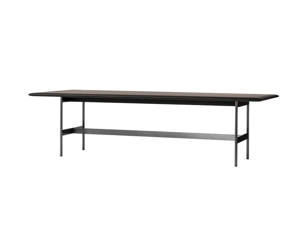 table made of strips of brown leather and dark brown wood in an white background