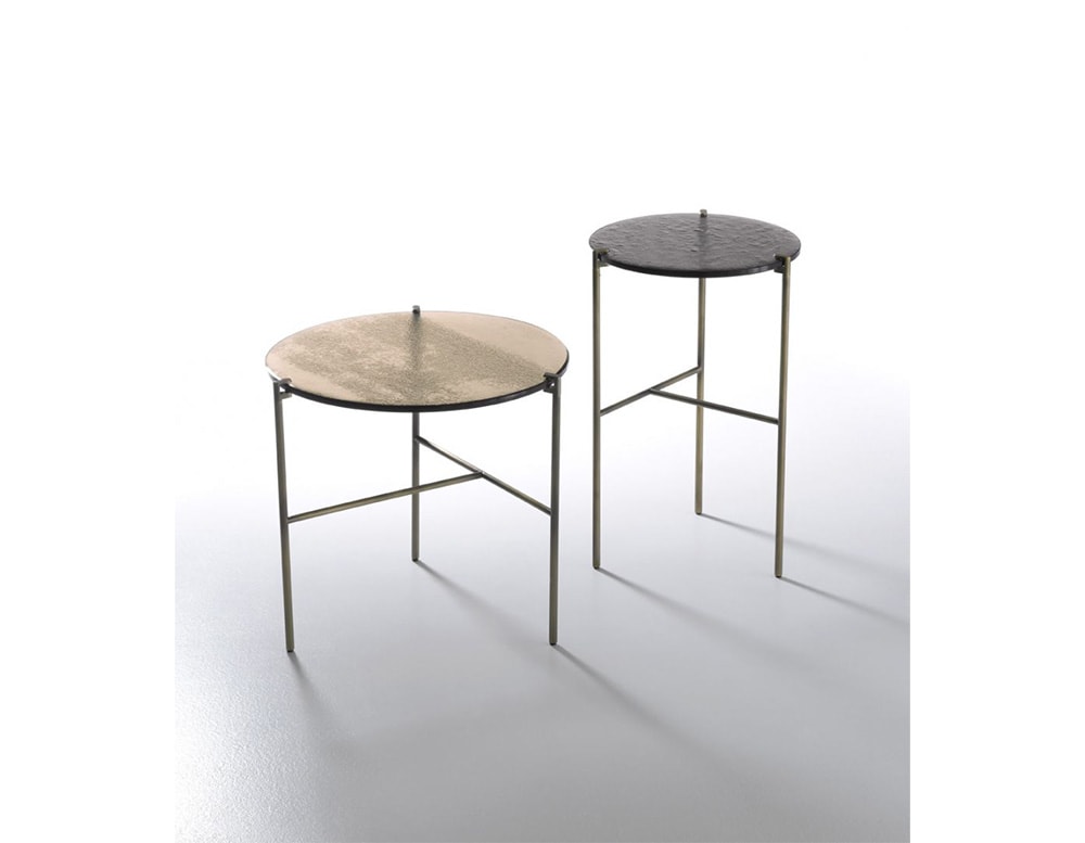 side table made of aluminum base and circular top made of three types of glass in a light brown and black tone