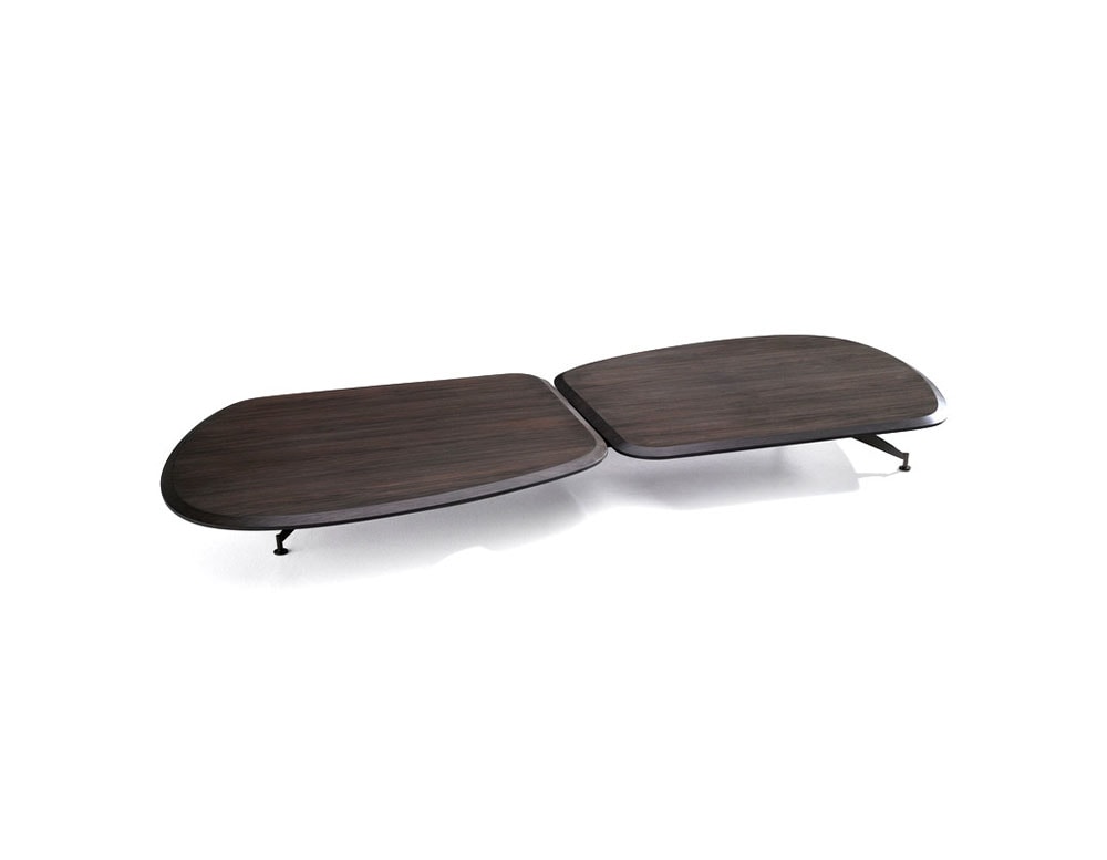 table with two parts made of walnut wood in a laminated brown tone and lacquered finishes in the same tone