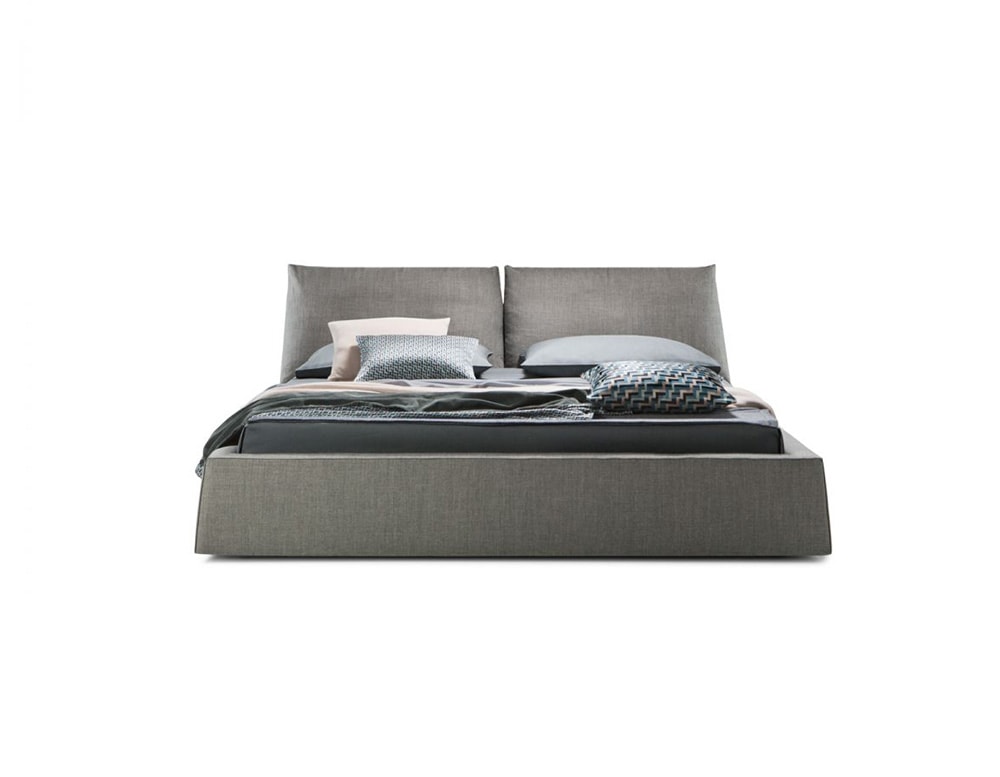bed base made of wood and upholstered in fabric in a gray tone with linear finishes on a white background