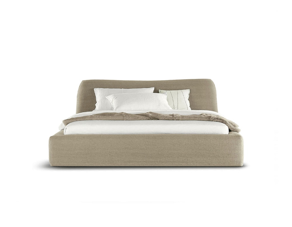 bed designed with a wooden base and upholstered in its entire structure in beige fabric on a white background