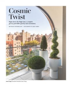 This image appears to be a magazine or editorial page featuring the title "Cosmic Twist" along with a scenic view of a cityscape framed by a stylish window and greenery. Let me know if you need modifications, descriptions, or more details!