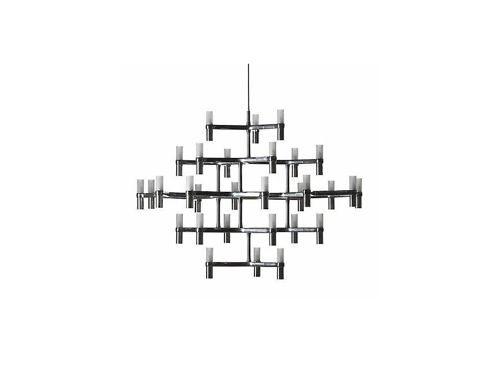 spider-shaped lapara made of black metal and white finishes in an white background